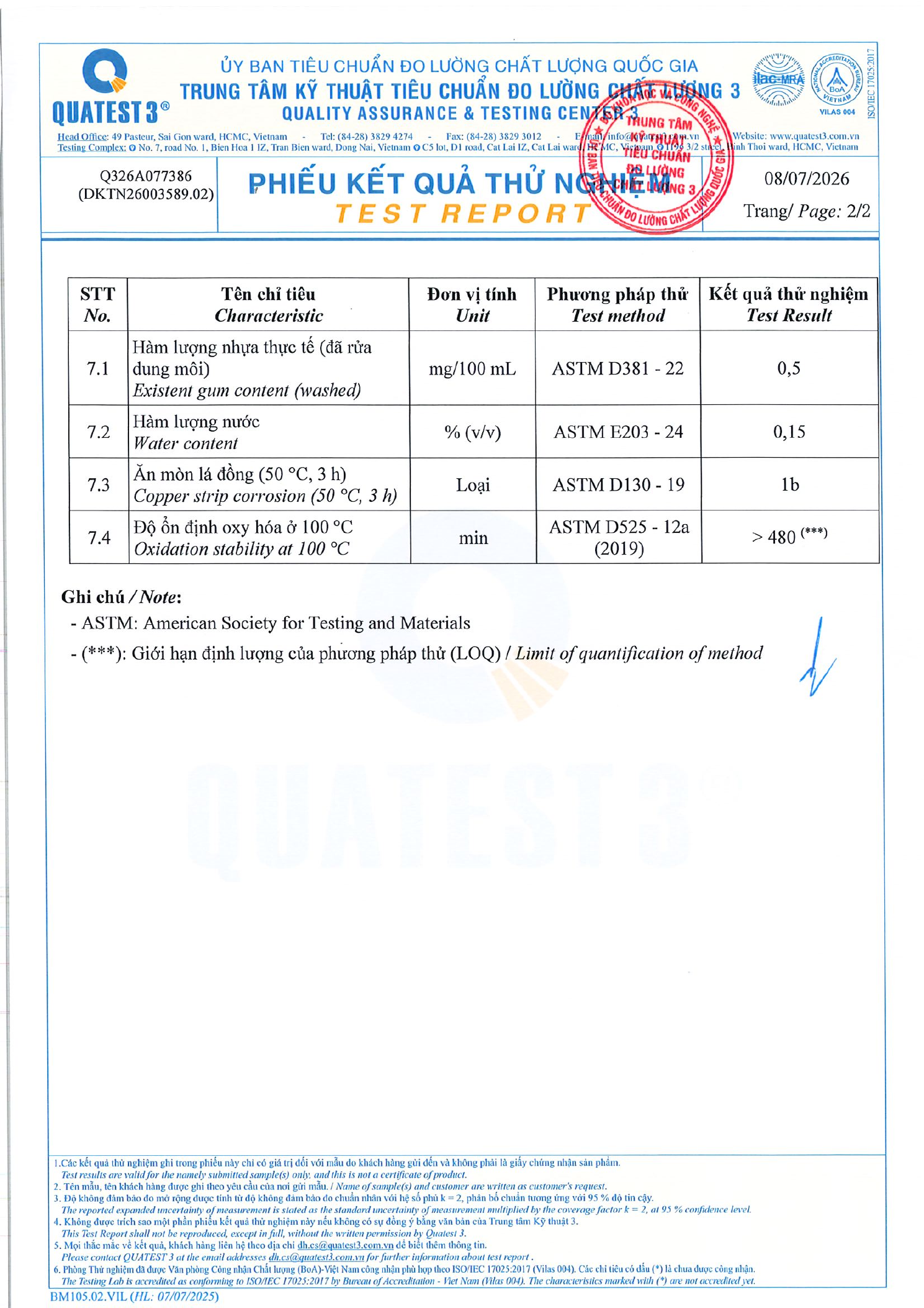 Trang kết quả thử nghiệm QUATEST 3 của mẫu xăng E10 có phụ gia Star Tron